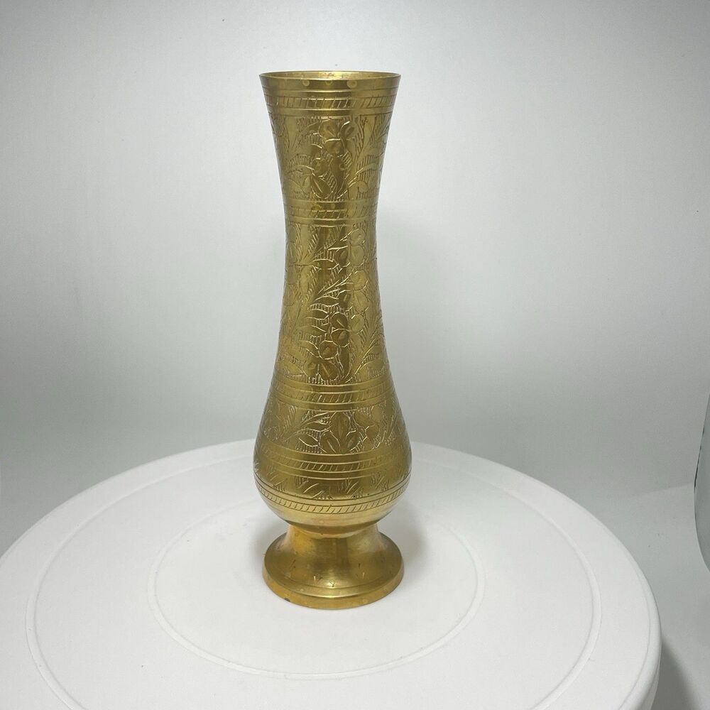 Vintage Etched Brass Floral Bud Vase Hand Engraved India Boho Decorative MCM - Picture 2 of 9